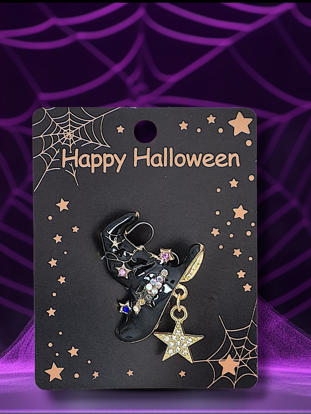 Black Witch's Hat Brooch Pin with Star Charm & Multicolored Crystals